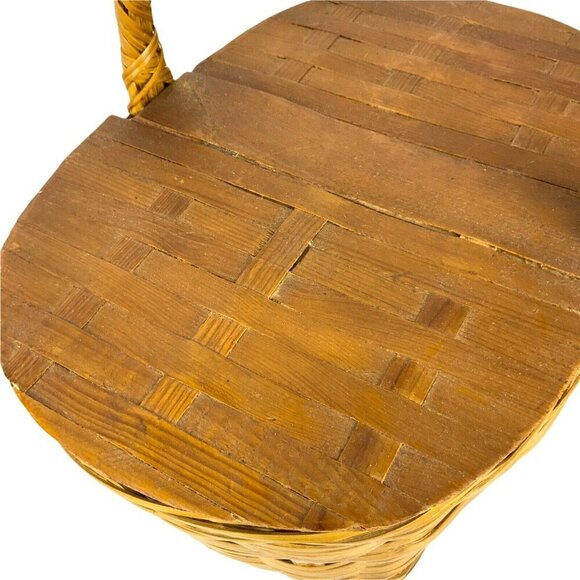 Vintage Wicker Picnic Basket With Wood Double Hinged Lid Farmhouse Style - Picture 5 of 12
